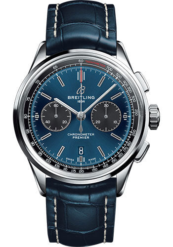 Breitling Premier B01 Chronograph Watch 42mm Steel Case Blue Dial Blue Croco Strap AB0118A61C1P2