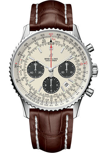 Breitling Navitimer 1 B01 Chronograph 43 Watch Steel Case Mercury Silver Dial Brown Croco Strap tang buckle AB0121211G1P1