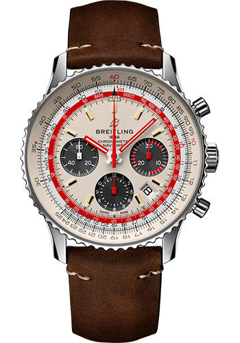 Breitling Navitimer B01 Chronograph 43 TWA Watch Steel White Dial Brown Nubuck Strap Tang Buckle AB01219A1G1X1