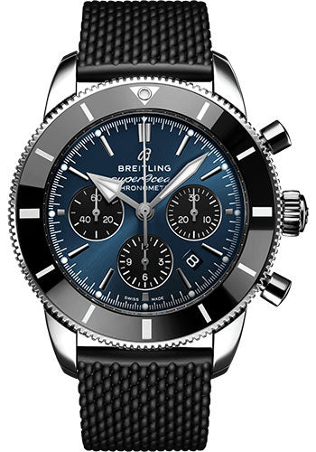 Breitling Superocean Heritage B01 Chronograph 44 Watch Steel Blue Dial Black Rubber Aero Classic Strap Folding Buckle AB0162121C1S1