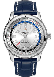 Breitling Aviator 8 B35 Automatic Unitime 43 Watch Stainless Steel Silver Dial Blue Alligator Leather Strap Folding Buckle AB3521U01G1P4