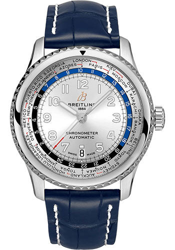 Breitling Aviator 8 B35 Automatic Unitime 43 Watch Stainless Steel Silver Dial Blue Alligator Leather Strap Folding Buckle AB3521U01G1P4