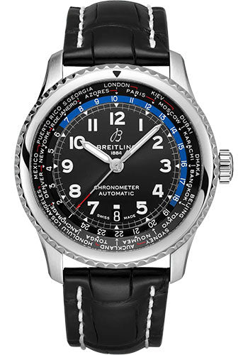 Breitling Aviator 8 B35 Automatic Unitime 43 Watch Stainless Steel Black Dial Black Alligator Leather Strap Folding Buckle AB3521U41B1P2