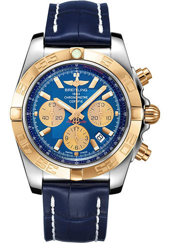 Breitling Chronomat 44 Watch Steel and 18K Rose Gold Blue Dial Blue Alligator Leather Strap Folding Buckle CB0110121C1P2