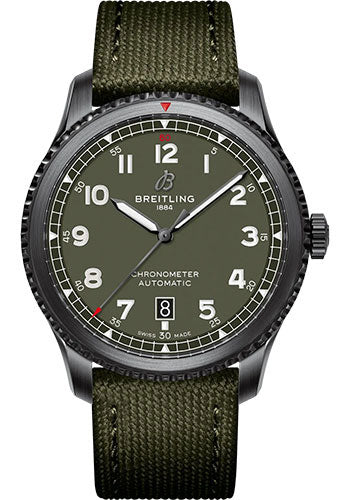 Breitling Aviator 8 Automatic 41 Black Steel Curtiss Warhawk Watch DLC Coated Stainless Steel Green Dial Khaki Green Calfskin Leather Strap Folding Buckle M173152A1L1X2