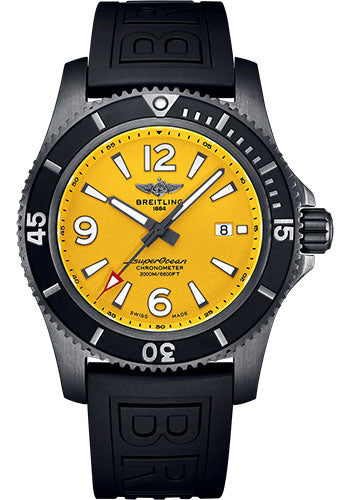 Breitling Superocean Automatic 46 Black Steel Watch DLC Coated Stainless Steel Yellow Dial Black Rubber Strap Tang Buckle M17368D71I1S1