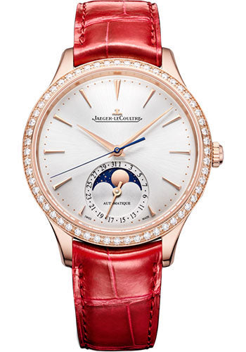 Jaeger-LeCoultre Master Ultra Thin Moon Pink Gold Case Silvered Grey Dial Red Strap Q1242501