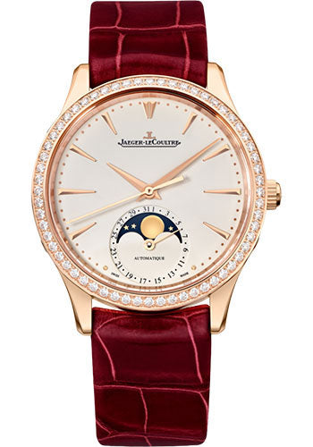 Jaeger-LeCoultre Master Ultra Thin Moon Watch 34 mm Pink Gold Case Diamond Bezel Eggshell Beige Dial Red Alligator Strap  Q1252501