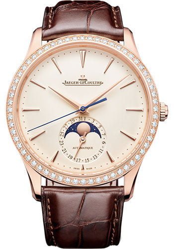 Jaeger-LeCoultre Master Ultra Thin Moon Pink Gold 39 mm Case Diamond Bezel Eggshell Beige Dial Brown Strap  Q1362502