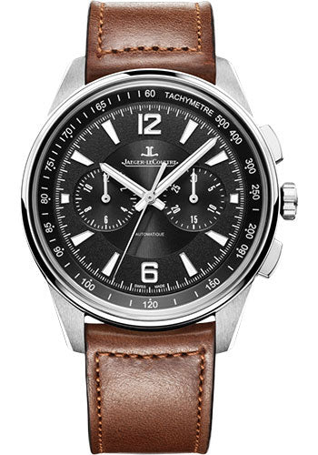 Jaeger-LeCoultre Polaris Chronograph Watch 42 mm Stainless Steel Case Black Dial Brown Leather Strap Q9028471