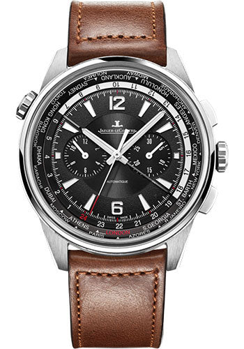 Jaeger-LeCoultre Polaris Chronograph WT Watch 44 mm Titanium Case Black Dial Brown Leather Strap Q905T471