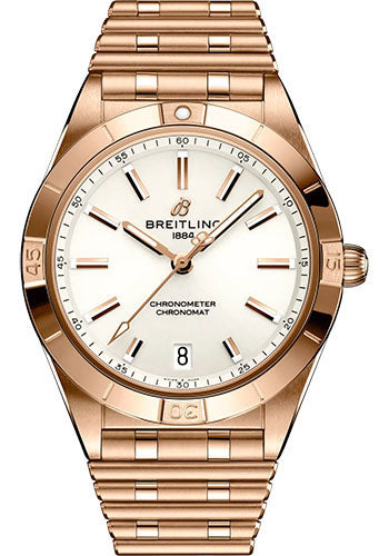 Breitling Chronomat Automatic 36 Watch 18K Red Gold White Dial Metal Bracelet R10380101A1R1