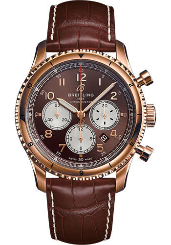 Breitling Aviator 8 B01 Chronograph 43 Watch 18K Red Gold Bronze Dial Brown Alligator Leather Strap Folding Buckle RB0119131Q1P2