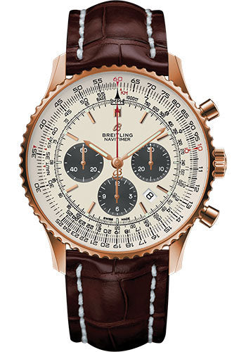 Breitling Navitimer 1 B01 Chronograph 46 Watch Red Gold Case Silver Dial Brown Croco Strap Tang Buckle RB0127121G1P1