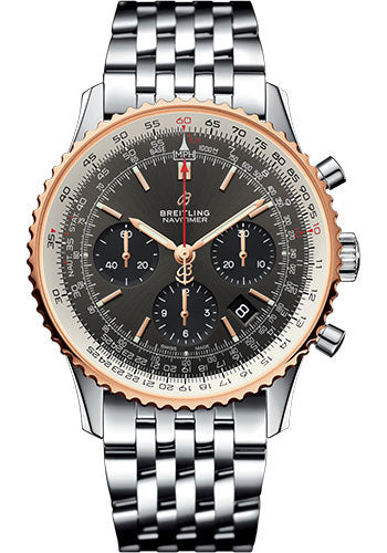 Breitling Navitimer 1 B01 Chronograph 43 Watch Steel and Red Gold Case Stratos Gray Dial Steel Pilot Bracelet UB0121211F1A1