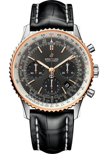 Breitling Navitimer 1 B01 Chronograph 43 Watch Steel and Red Gold Case Stratos Gray Dial Black Croco Strap UB0121211F1P1