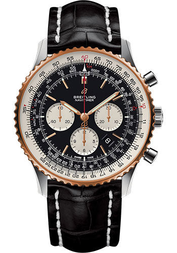 Breitling Navitimer 1 B01 Chronograph 46 Watch Steel and Red Gold Case Black Dial Black Croco Strap Tang Buckle UB0127211B1P1