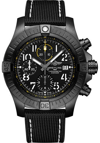 Breitling Avenger Chronograph 45 Night Mission Watch DLC Coated Titanium Black Dial Anthracite Calfskin Leather Strap Tang Buckle V13317101B1X1