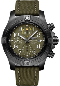 Breitling Avenger Chronograph 45 Night Mission Watch DLC Coated Titanium Green Dial Khaki Green Calfskin Leather Strap Tang Buckle V13317101L1X1