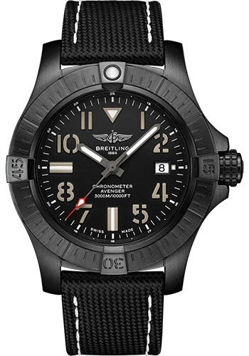 Breitling Avenger Automatic 45 Seawolf Night Mission Watch DLC Coated Titanium Black Dial Anthracite Calfskin Leather Strap Tang Buckle V17319101B1X1