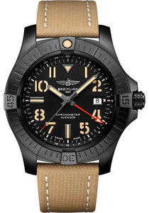 Breitling Avenger Automatic GMT 45 Night Mission Watch DLC-Coated Titanium Black Dial Sand Calfskin Leather Strap Folding Buckle V32395101B1X2