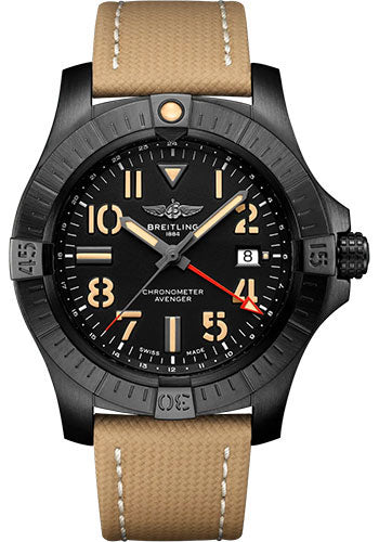 Breitling Avenger Automatic GMT 45 Night Mission Watch DLC-Coated Titanium Black Dial Sand Calfskin Leather Strap Folding Buckle V32395101B1X2