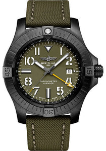 Breitling Avenger Automatic GMT 45 Night Mission Limited Edition Watch DLC Coated Titanium Green Dial Khaki Green Calfskin Leather Strap Folding Buckle Limited Edition of 2000 V323952A1L1X2